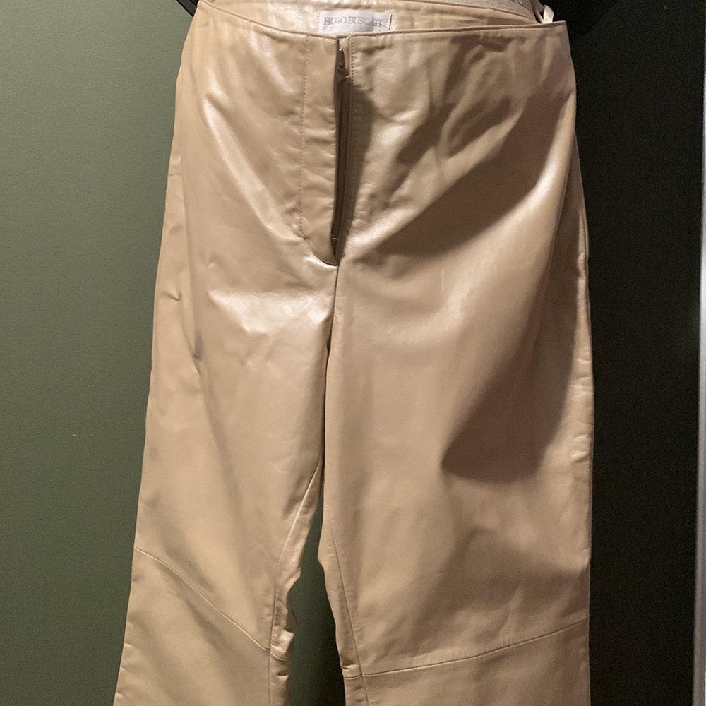 BNWOT 100% Leather fully lined Leather Pants, Size 14, beige color, no pockets.